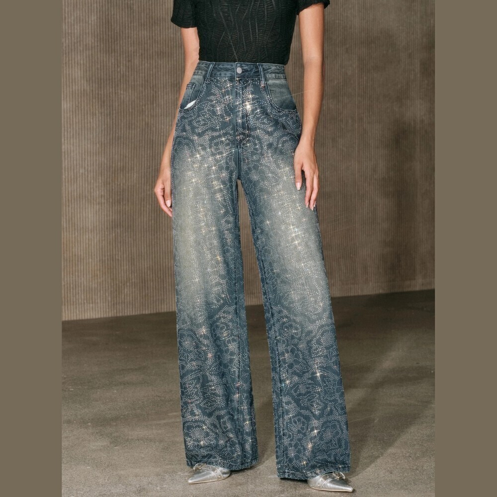 Blue Rhinestone Embellished High Waist Wide Leg Jeans